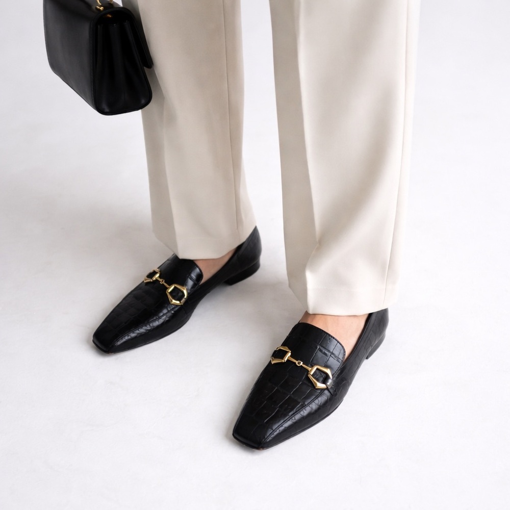 Vince Camuto Black Crocodile Pattern Loafers with Gold Accent
